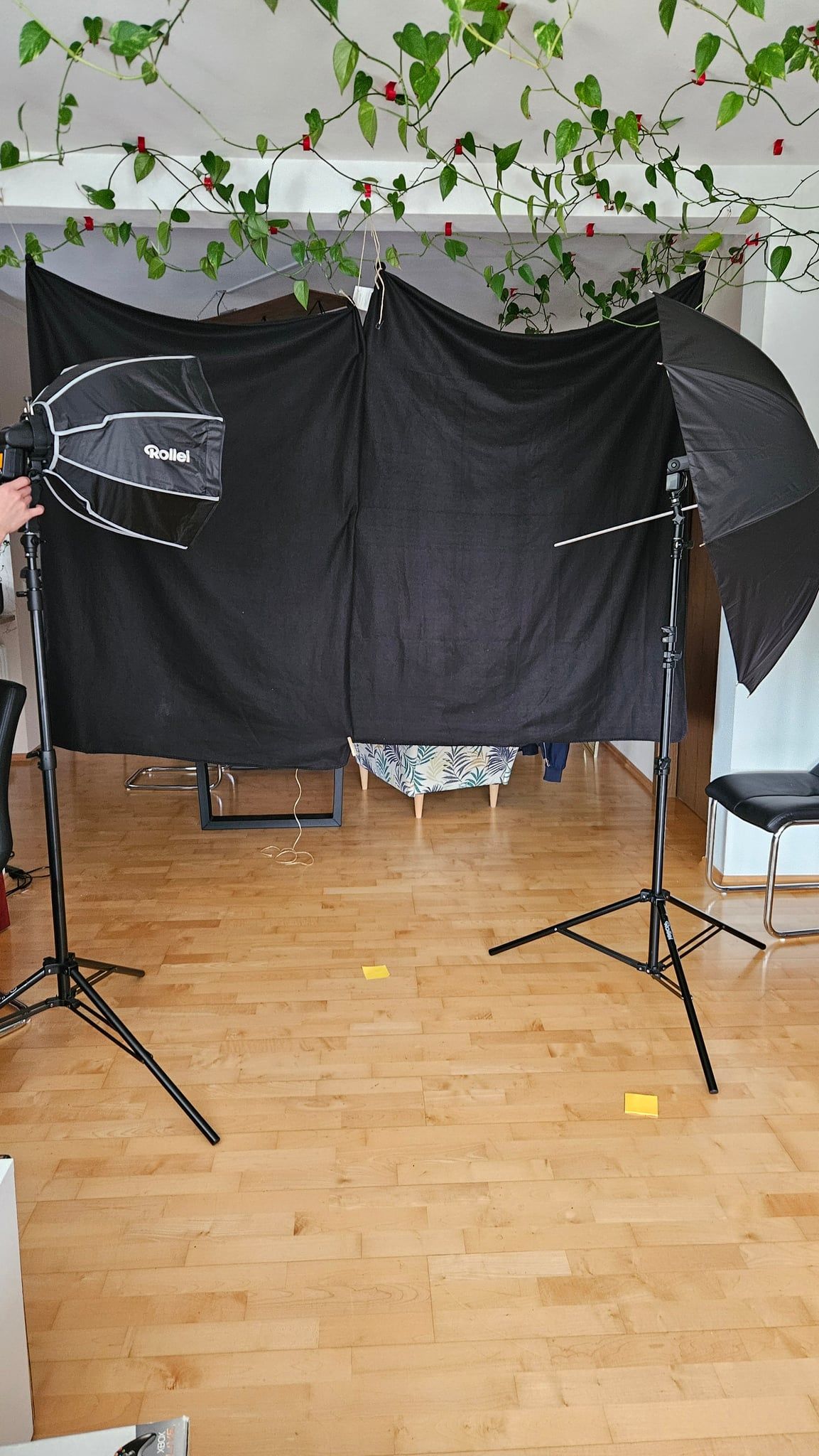 Selbstgebautes Studio im Wohnzimmer: schwarze Fleecedecken als Hintergrund, davor Blitze auf Stativen